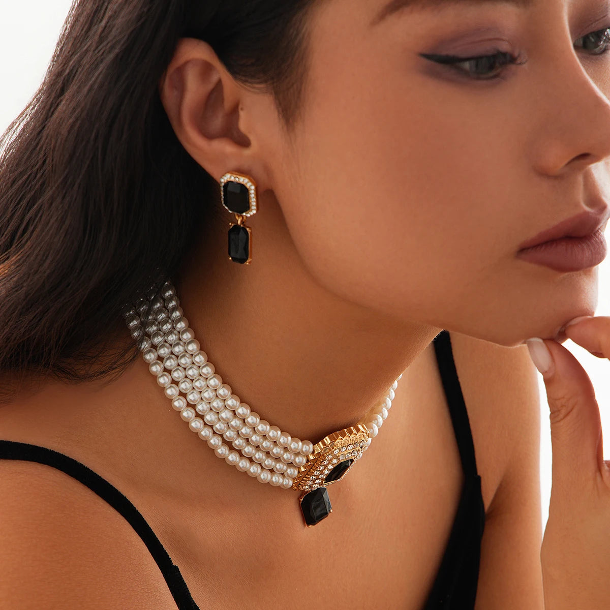 Timeless Pearl Multi-Strand Necklace & Rhinestone Earrings – Perfect for Wedding Elegance