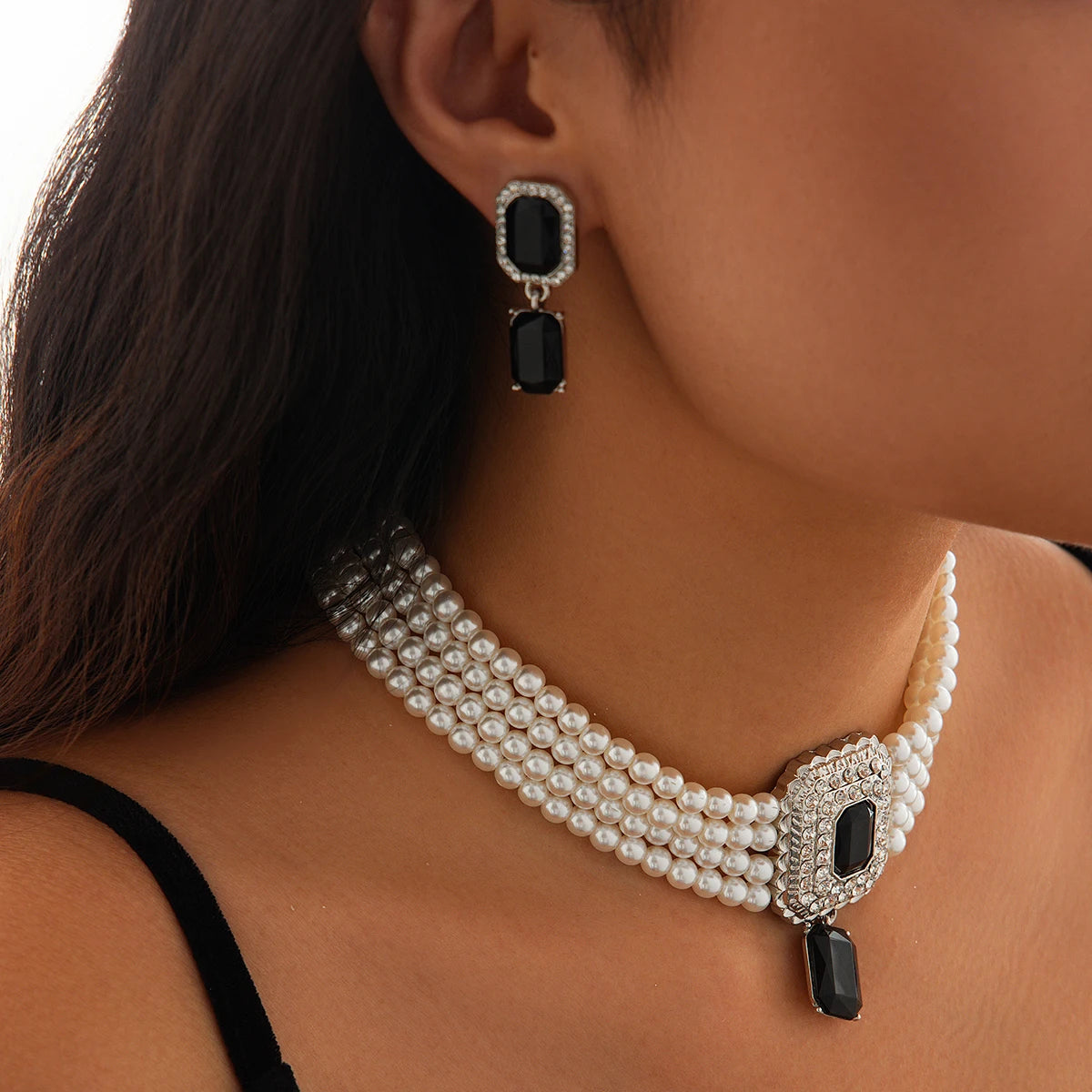 Timeless Pearl Multi-Strand Necklace & Rhinestone Earrings – Perfect for Wedding Elegance