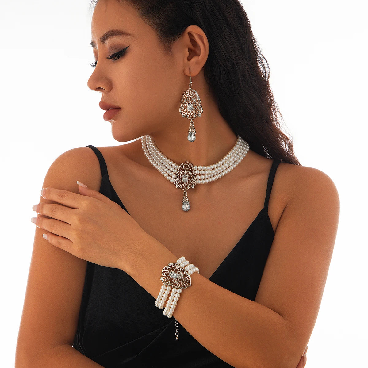 Luxe Pearl & Rhinestone Set – Multilayer Moroccan Necklace, Bracelet & Tassel Drop Earrings