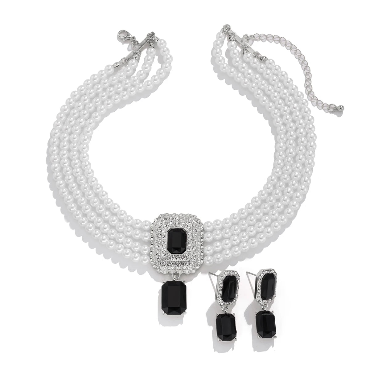 Timeless Pearl Multi-Strand Necklace & Rhinestone Earrings – Perfect for Wedding Elegance