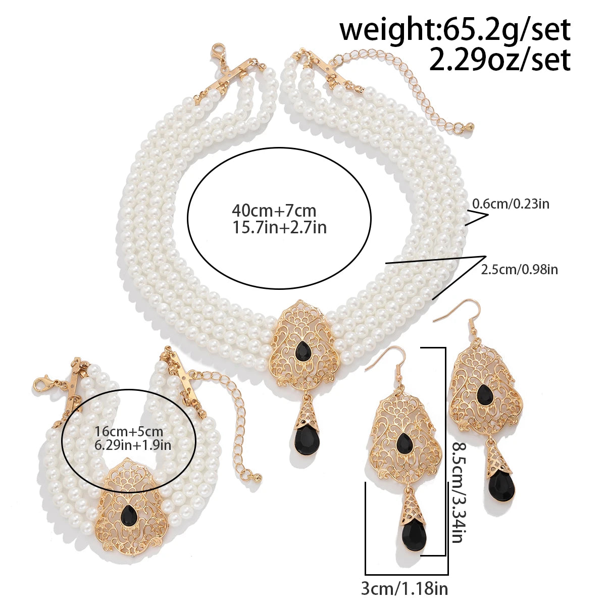 Luxe Pearl & Rhinestone Set – Multilayer Moroccan Necklace, Bracelet & Tassel Drop Earrings