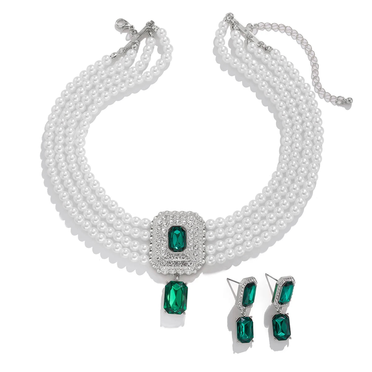 Timeless Pearl Multi-Strand Necklace & Rhinestone Earrings – Perfect for Wedding Elegance