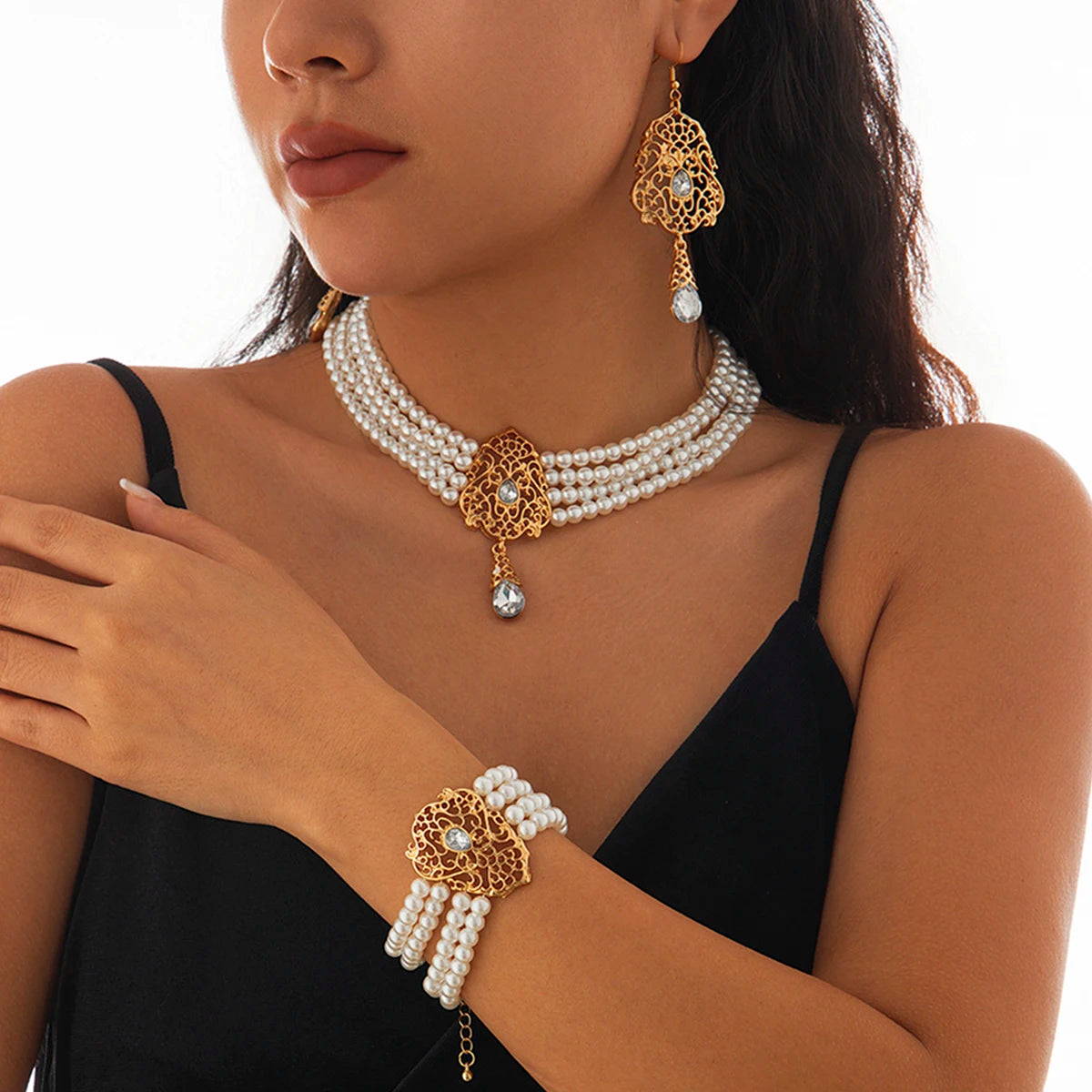 Luxe Pearl & Rhinestone Set – Multilayer Moroccan Necklace, Bracelet & Tassel Drop Earrings