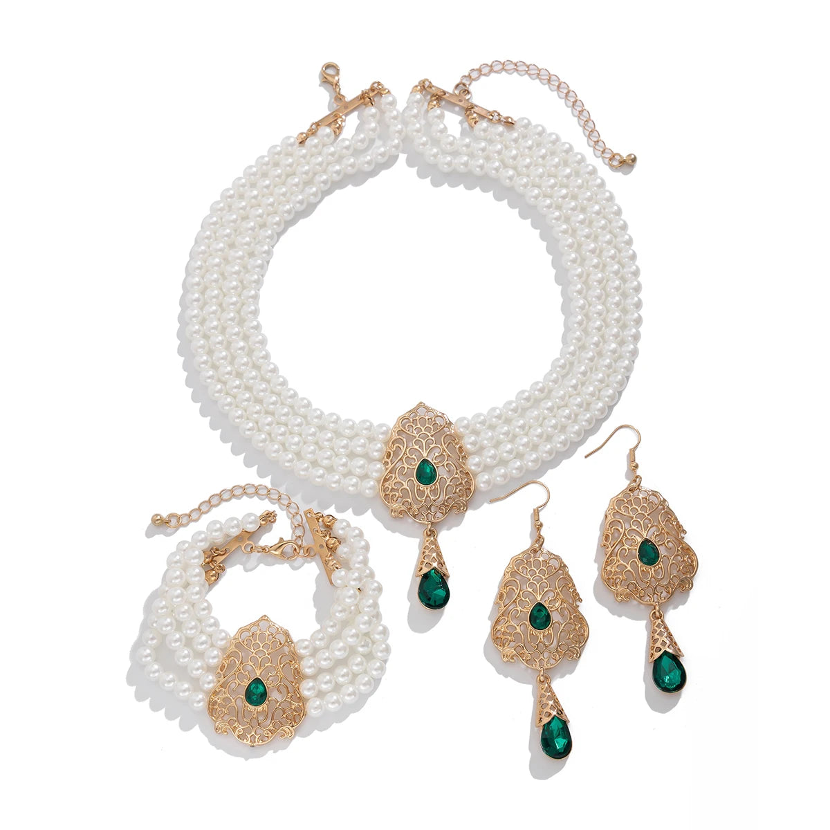 Luxe Pearl & Rhinestone Set – Multilayer Moroccan Necklace, Bracelet & Tassel Drop Earrings