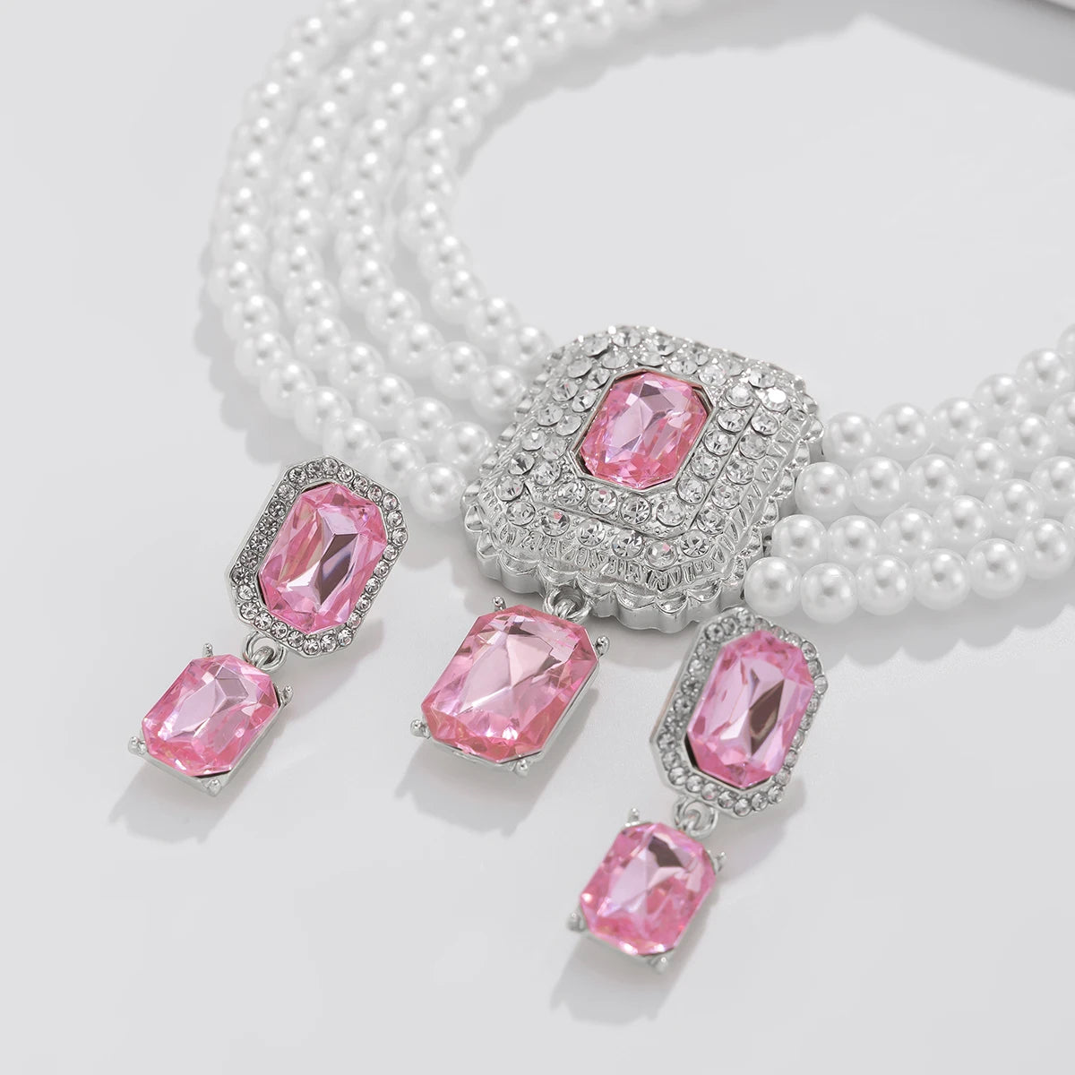 Timeless Pearl Multi-Strand Necklace & Rhinestone Earrings – Perfect for Wedding Elegance