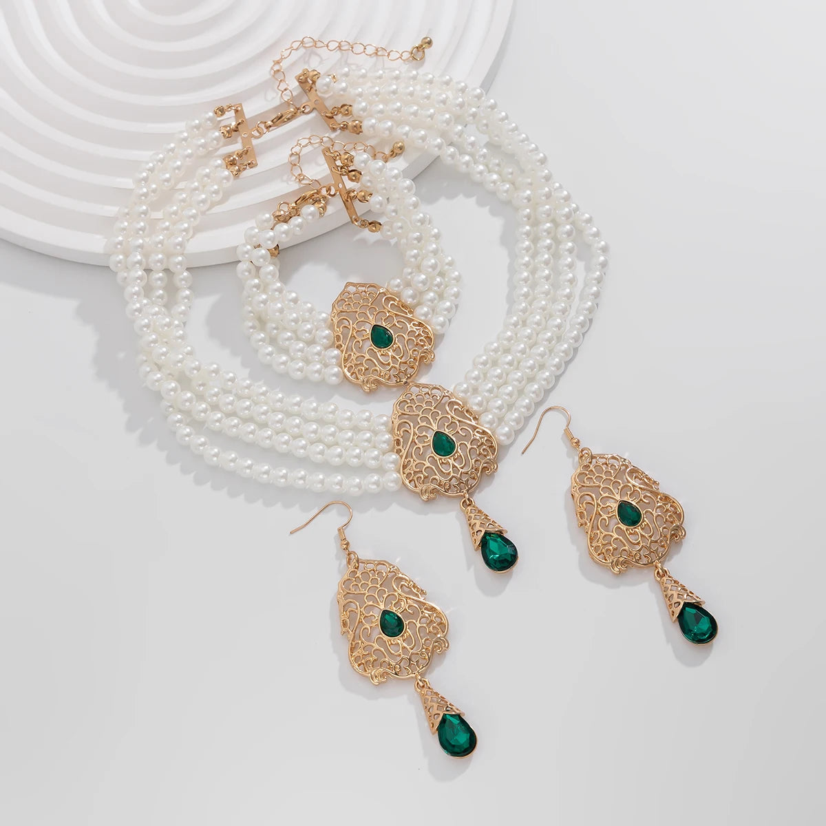 Luxe Pearl & Rhinestone Set – Multilayer Moroccan Necklace, Bracelet & Tassel Drop Earrings