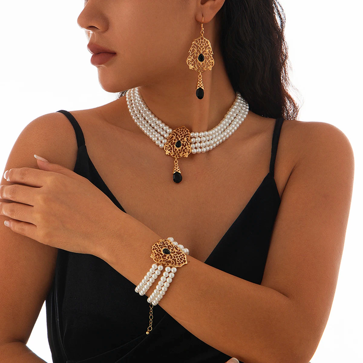 Luxe Pearl & Rhinestone Set – Multilayer Moroccan Necklace, Bracelet & Tassel Drop Earrings