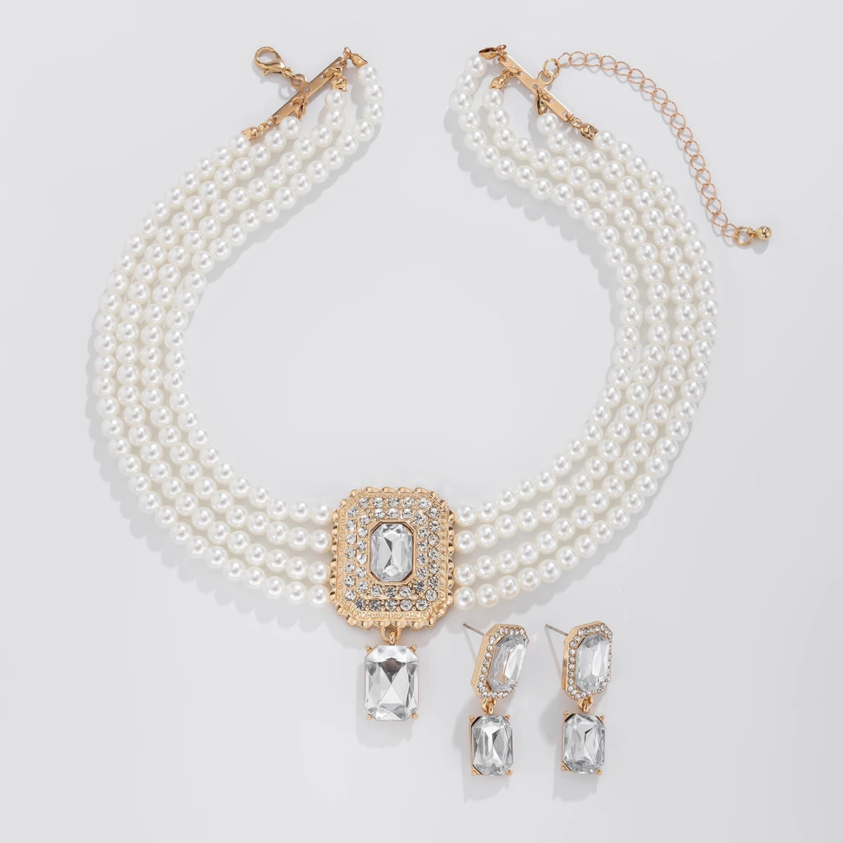 Timeless Pearl Multi-Strand Necklace & Rhinestone Earrings – Perfect for Wedding Elegance
