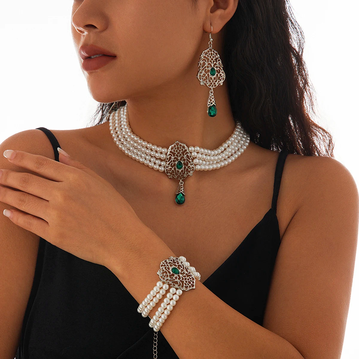 Luxe Pearl & Rhinestone Set – Multilayer Moroccan Necklace, Bracelet & Tassel Drop Earrings