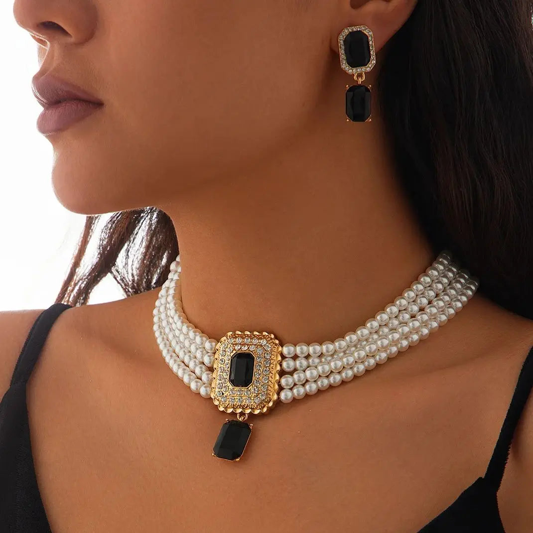 Timeless Pearl Multi-Strand Necklace & Rhinestone Earrings – Perfect for Wedding Elegance