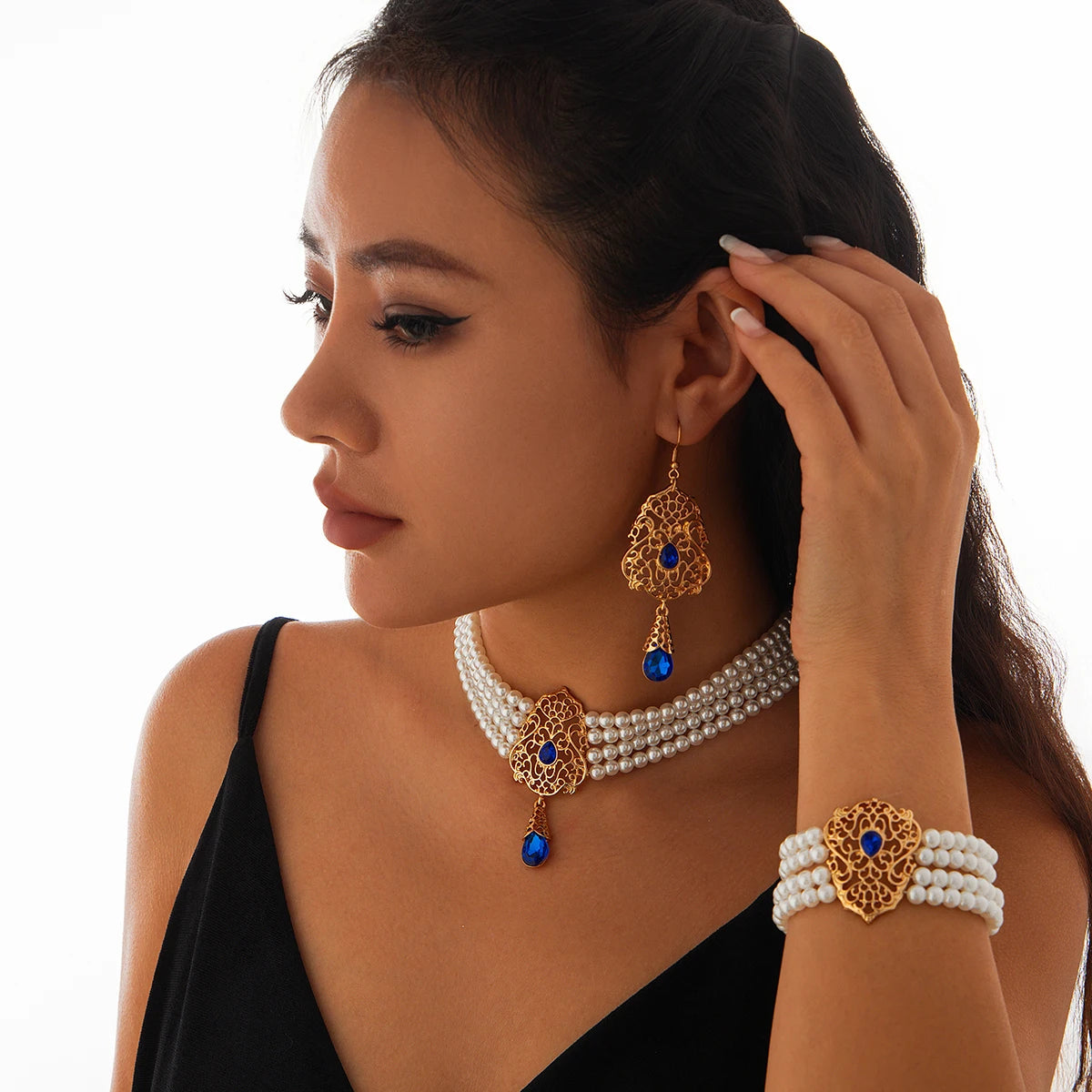 Luxe Pearl & Rhinestone Set – Multilayer Moroccan Necklace, Bracelet & Tassel Drop Earrings