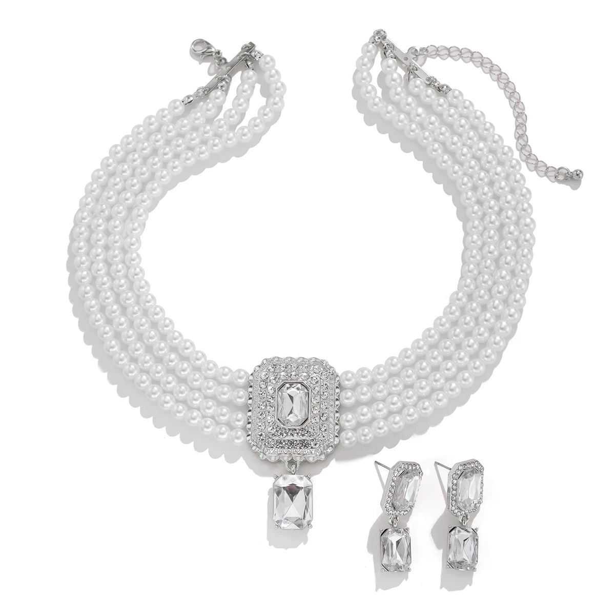 Timeless Pearl Multi-Strand Necklace & Rhinestone Earrings – Perfect for Wedding Elegance