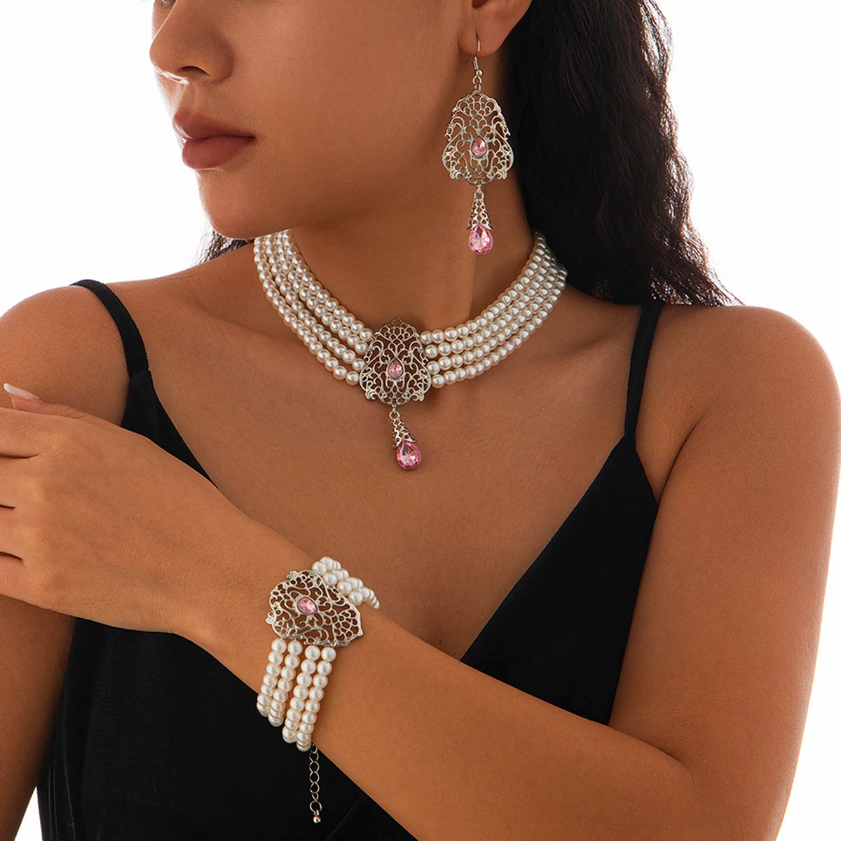 Luxe Pearl & Rhinestone Set – Multilayer Moroccan Necklace, Bracelet & Tassel Drop Earrings
