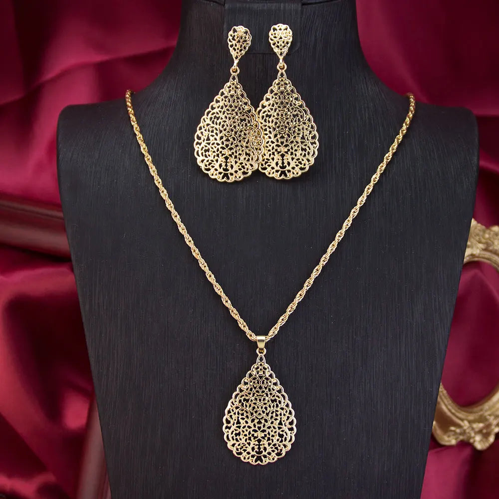 Hollow Teardrop Earrings & Pendant Necklace – Perfect for Moroccan Special Occasions