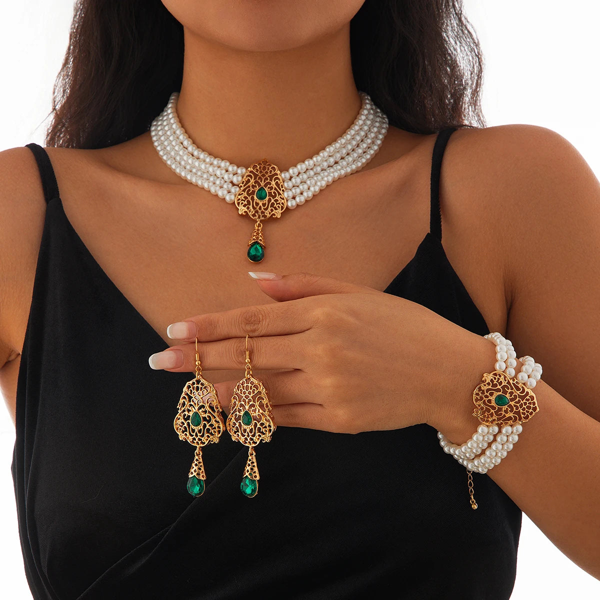Luxe Pearl & Rhinestone Set – Multilayer Moroccan Necklace, Bracelet & Tassel Drop Earrings