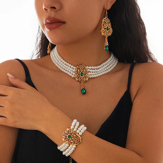 Luxe Pearl & Rhinestone Set – Multilayer Moroccan Necklace, Bracelet & Tassel Drop Earrings