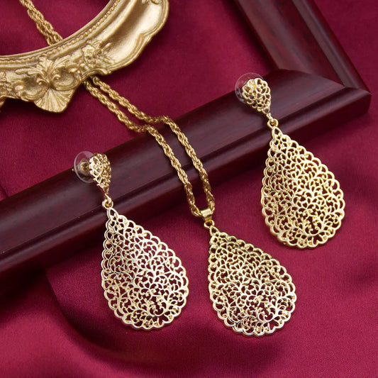 Hollow Teardrop Earrings & Pendant Necklace – Perfect for Moroccan Special Occasions