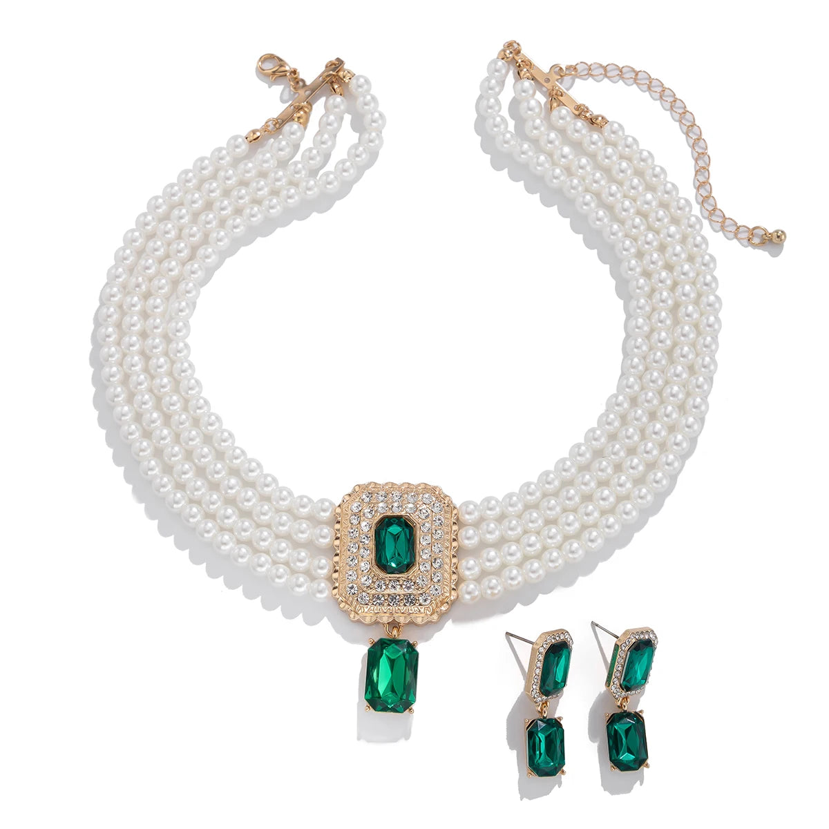 Timeless Pearl Multi-Strand Necklace & Rhinestone Earrings – Perfect for Wedding Elegance