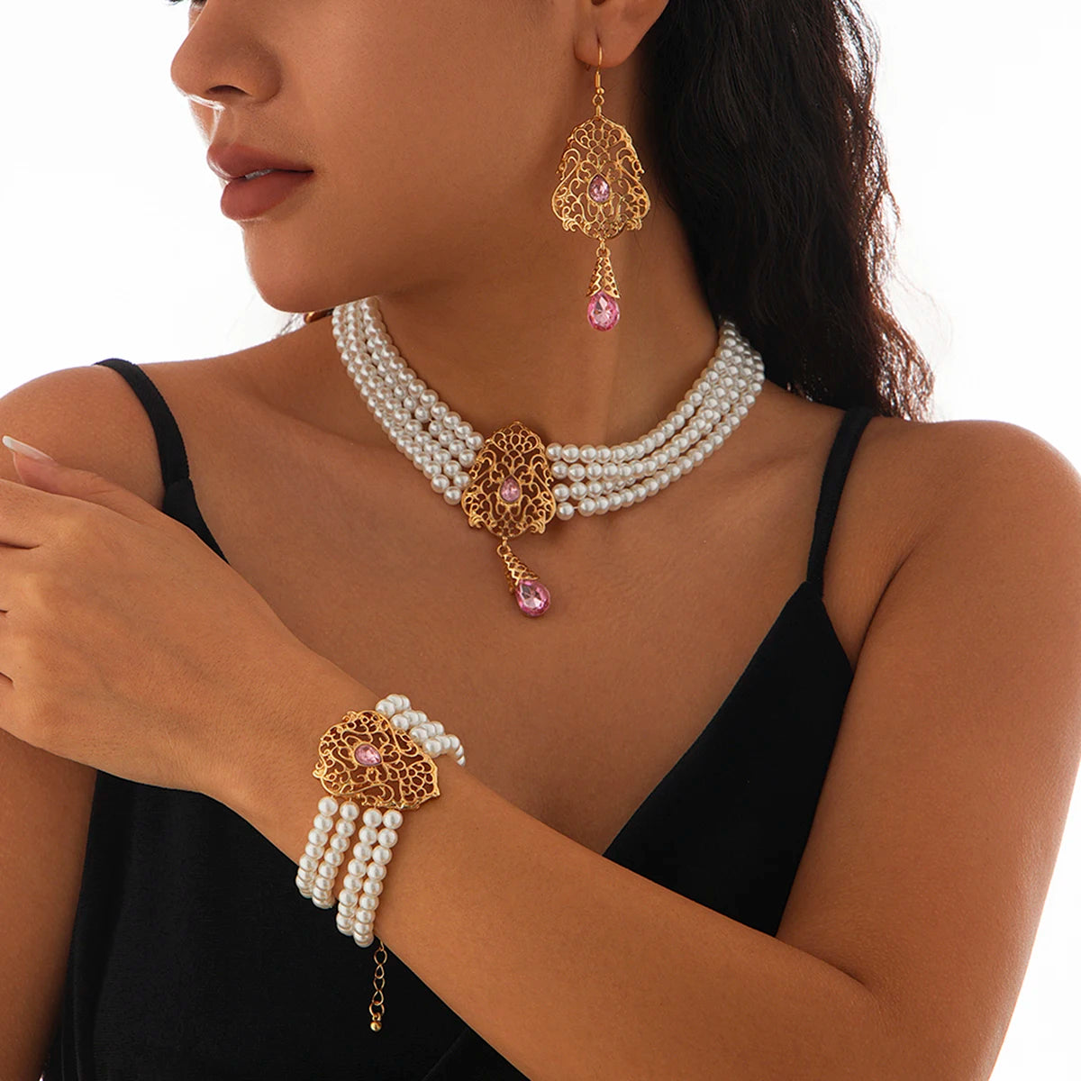 Luxe Pearl & Rhinestone Set – Multilayer Moroccan Necklace, Bracelet & Tassel Drop Earrings